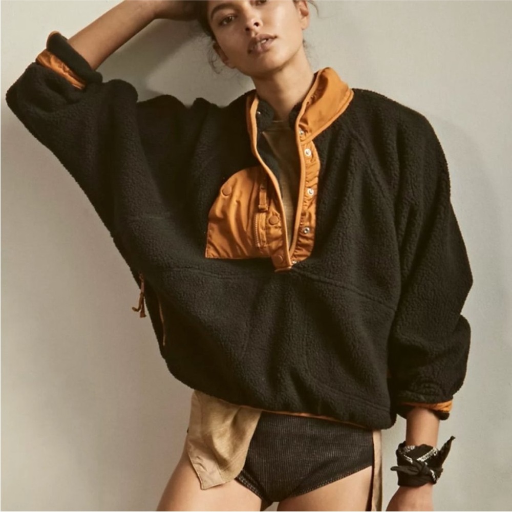 Free People Movement Hit The Slopes Colorblock Pullover Fleece Black Camel NWT